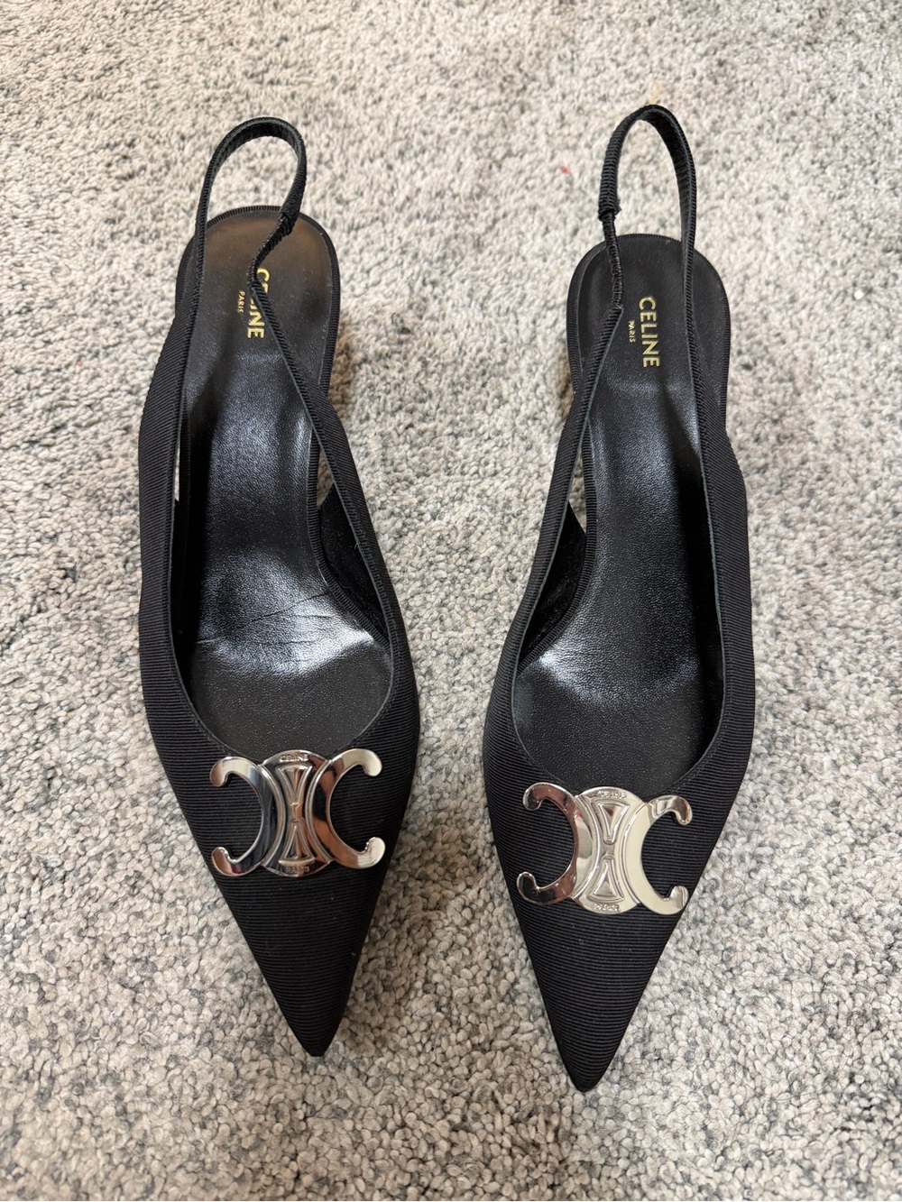 Celine Black Pointed Slingback Heels with Silver Triomphe Emblem grossgrain